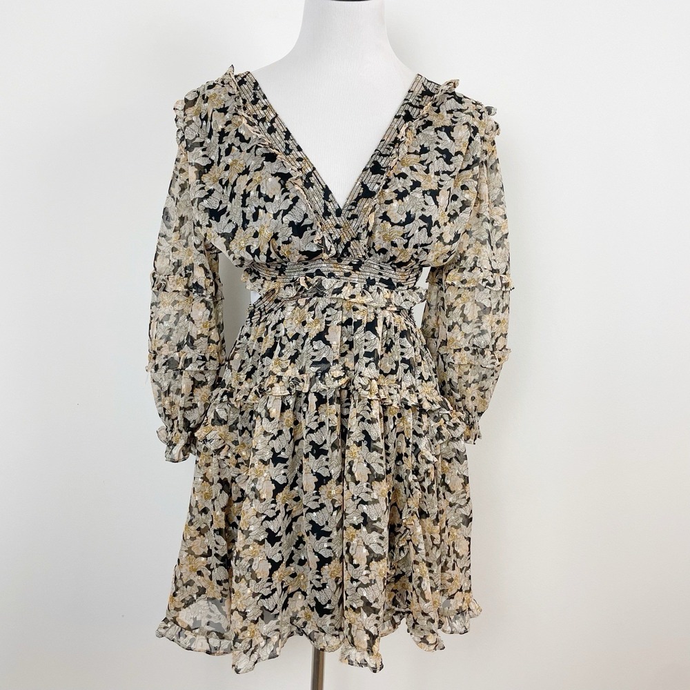 Anthropologie V-Neck Ruffle Cut-Out Back Mini Dress Sz Small Sexy Tiered Floral